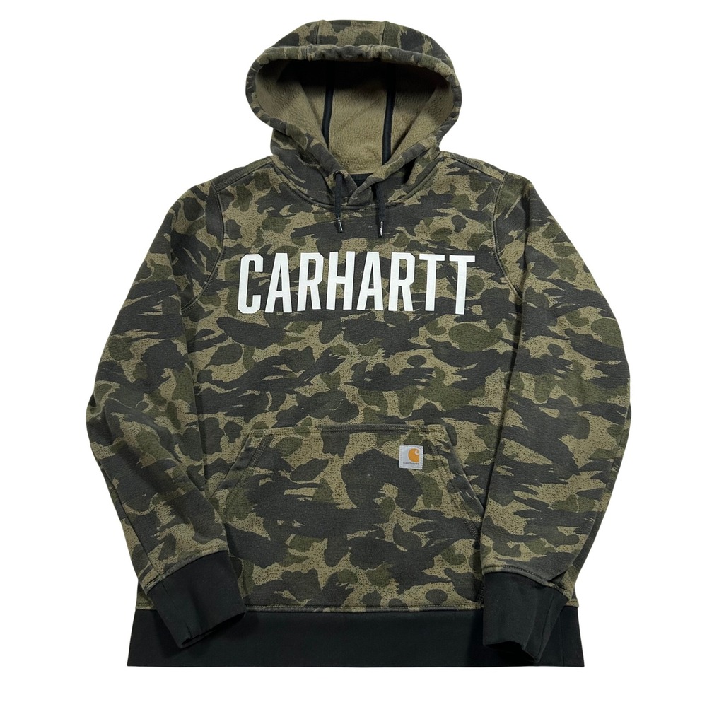 Carhartt Hoodie Women M(8/10) Green Camo Graphic Logo Pullover Sweatshirt